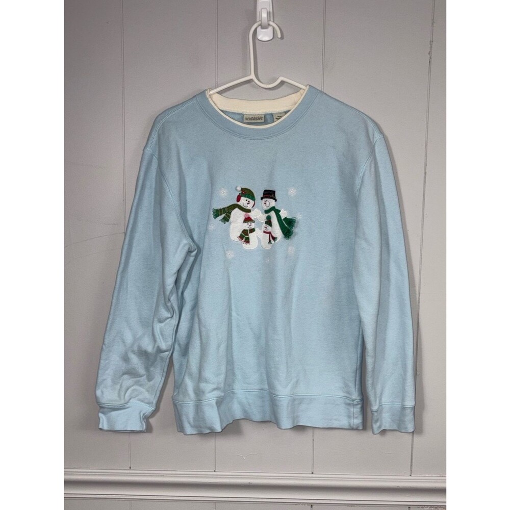 Vintage Christmas Snowman Blue Pullover Top Medium Grandmacore Winter Holiday